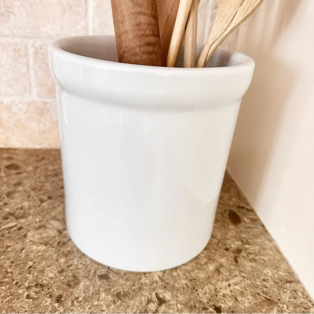 Large & Heavy Minimalist White Glazed Ceramic Kitchen Utensil Crock Holder Vase